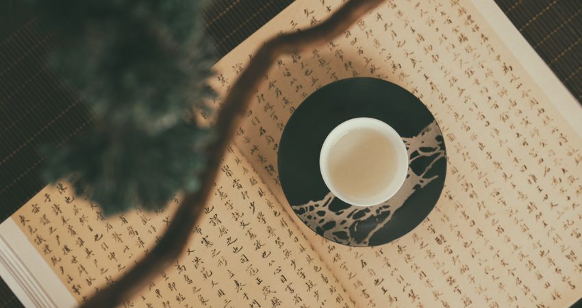 Teetasse auf einem Buch mit chinesischen Schriftzeichen