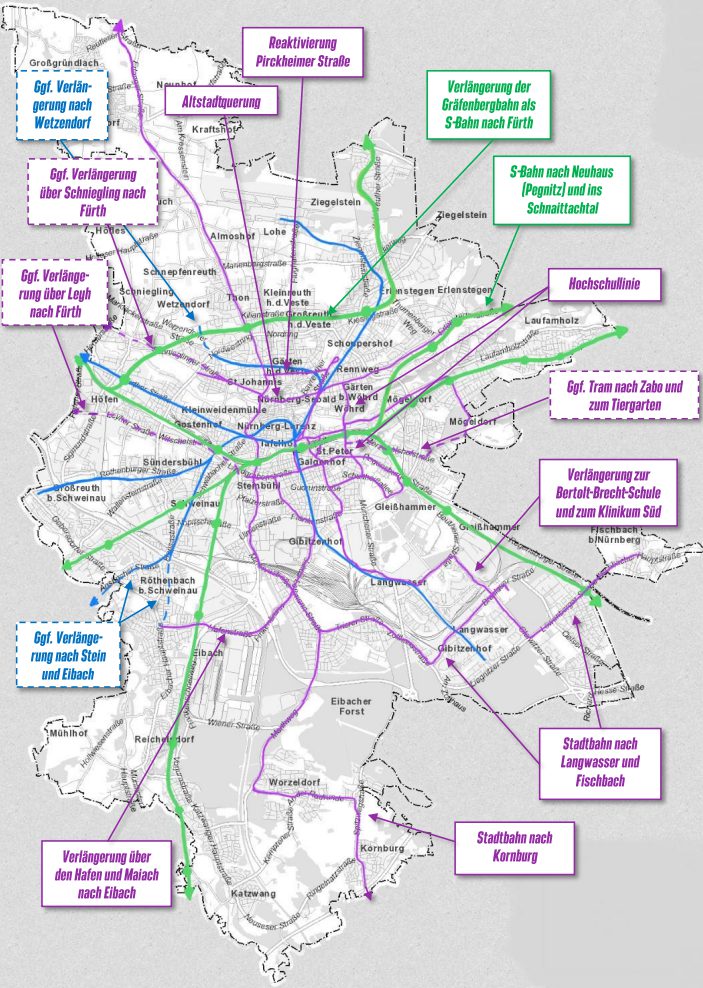 Karte des Ziel-Schienennetzes für den Öffentlichen Nahverkehr in Nürnberg