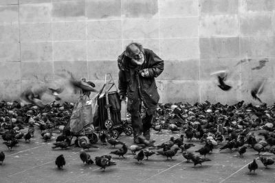 Älterer, obdachloser Mann mit Gepäck und Tauben um sich herum.