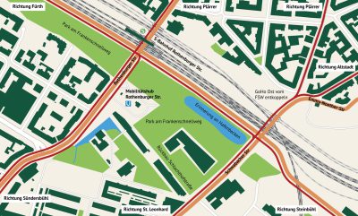 Plan vom Frankenschnellweg, auf dem die Straße an die Bahngleise gerückt wurde und ein Park auf der hier geschaffenen Fläche abgebildet ist