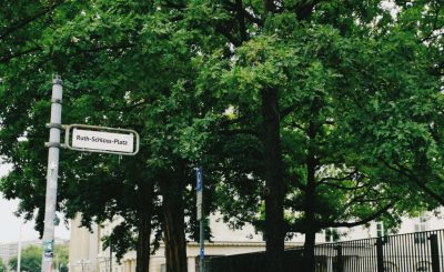 Platz mit grünem Laubbaum und Straßenschild, auf dem Ruth-Schloss-Platz steht (mit Photoshop bearbeitet)